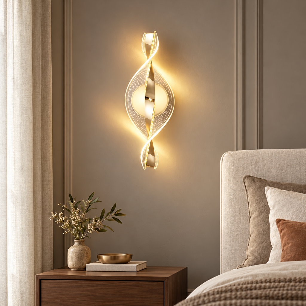 Applique murale LED dorée à rubans entrelacés — 30 cm — vue en chambre