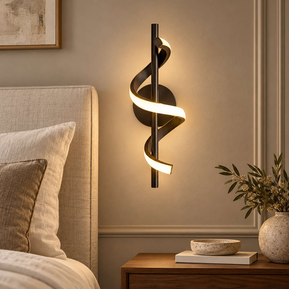 Applique murale LED spirale — 40 cm — finition noire, vue en chambre